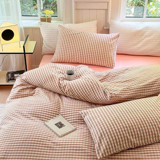 LifeTB Pink Plaid Gingham Duvet Cover King 3 Pieces Checkered Grid Duvet Cover 100% Washed Cotton Coral Pink Plaid Comforter Cover with Zipper Ties 2 Pillowcases Breathable Soft Gingham Bedding Set