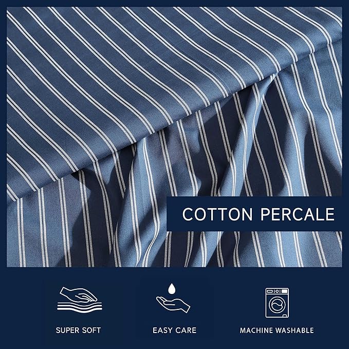 Nautica - Twin Sheets, Premium Cotton Percale Bedding Set, Striped Home Decor, Oeko-Tex Certified (Richmond Stripe Blue, Twin)