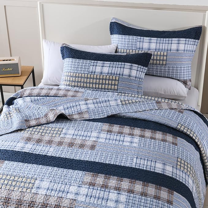 PANGUSHAN Quilt Set Queen Size, 100% Cotton Quilt Bedding Set Bedspreads, Patchwork Plaid Farmhouse Reversible Lightweight Comforter Bed Spread for Queen Bed, Blue, 3 Pieces