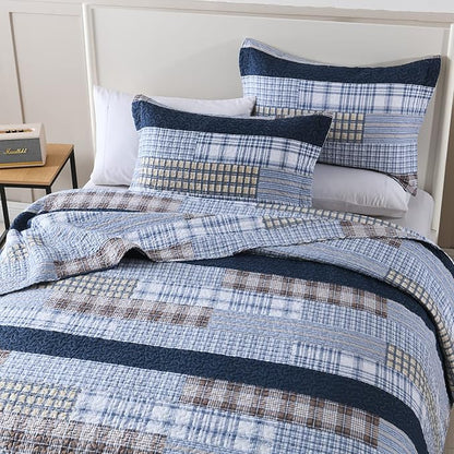 PANGUSHAN Quilt Set Queen Size, 100% Cotton Quilt Bedding Set Bedspreads, Patchwork Plaid Farmhouse Reversible Lightweight Comforter Bed Spread for Queen Bed, Blue, 3 Pieces