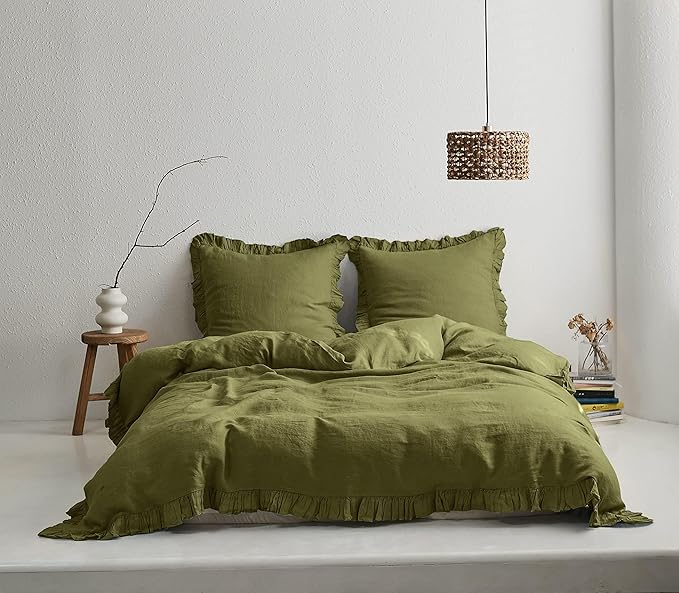 Simple&Opulence 100% Linen Euro Sham Covers with Ruffle, 26x26 Inch Pillow Covers Set of 2, Euro Pillow Shams for Bed Couch French Home Decor Luxury and Breathable Square Pillow Cases, Olive Green