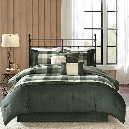 Madison Park Ridge Comforter Set - Cabin Lodge Plaid Herringbone Design, All Season Down Alternative Cozy Bedding with Matching Bedskirt, Shams, Decorative Pillow, Grey Cal King(104"x92") 7 Piece