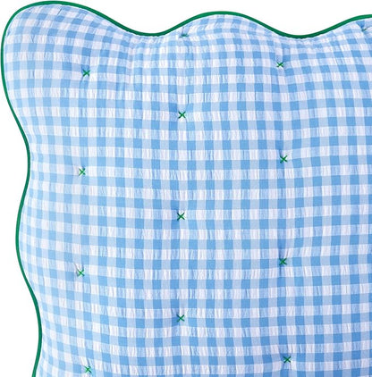 kate spade new york Joyful Gingham 3-Piece Full Queen Quilt Bedding Set, Poly-Cotton Blend Reversible Cover, All Season Warmth Bedding, Machine Washable, Windy Blue