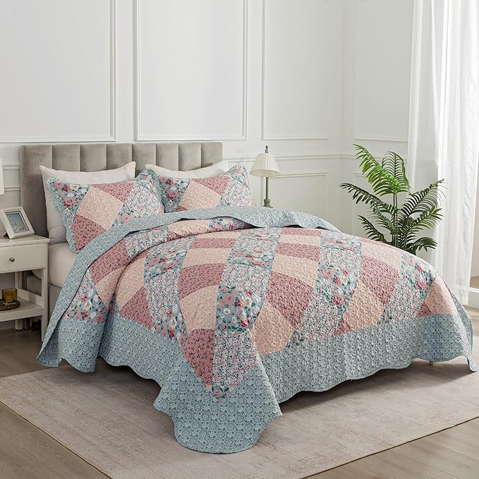 HoneiLife King Quilt Bedding Sets - Microfiber Quilt Set 3-Pieces,Lightweight Bedspreads Patchwork Coverlets Retro Bed Cover Quilt King Size All Season Quilts