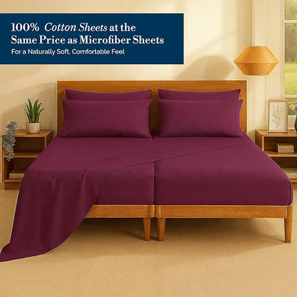 Casa Platino Split King Size Sheet Set – 7 Piece Cooling Sheets Split King Size 100% Cotton Crisp Percale Sheets with Breathable & Cozy Feel, 15" Deep Pocket Fitted Sheet for Secure Fit – Windsor Wine