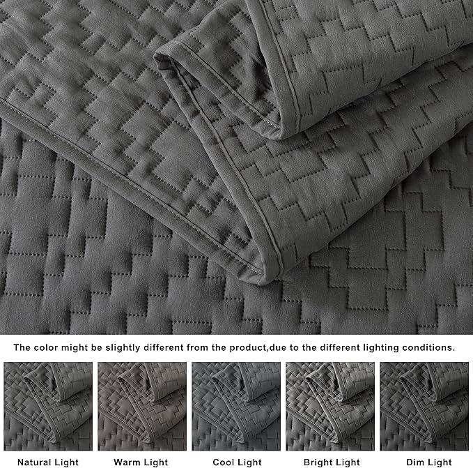 R.SHARE Dark Grey Queen Size Quilt Bedding Sets with Pillow Shams, Boho Full Lightweight Soft Bedspread Coverlet, Quilted Blanket Thin Comforter Bed Cover for All Season, 3 Pieces, 90x90 inches