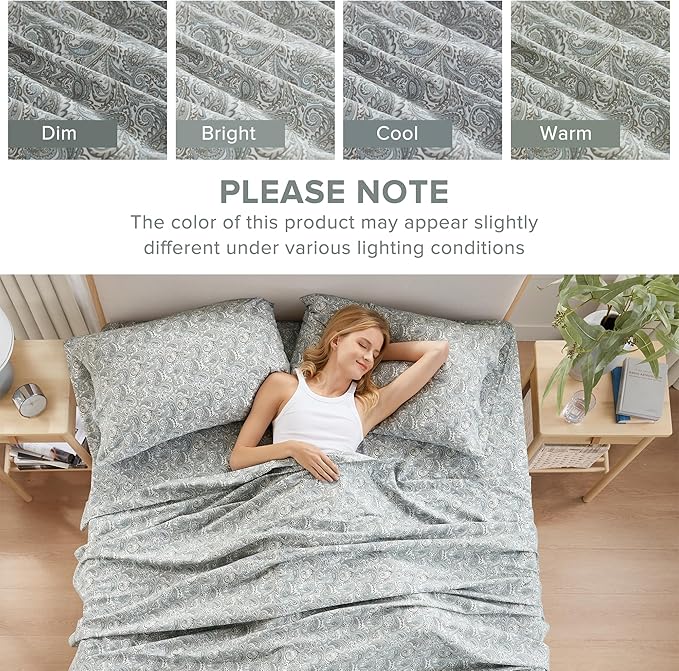 Comfort Spaces Extra Deep Pocket, 100% Cotton King Fits up to 24" Mattress, Breathable, Naturally Cool Cotton, Soft Cotton Sheets, All Seasons Sheet Set, Paisley 4 Piece
