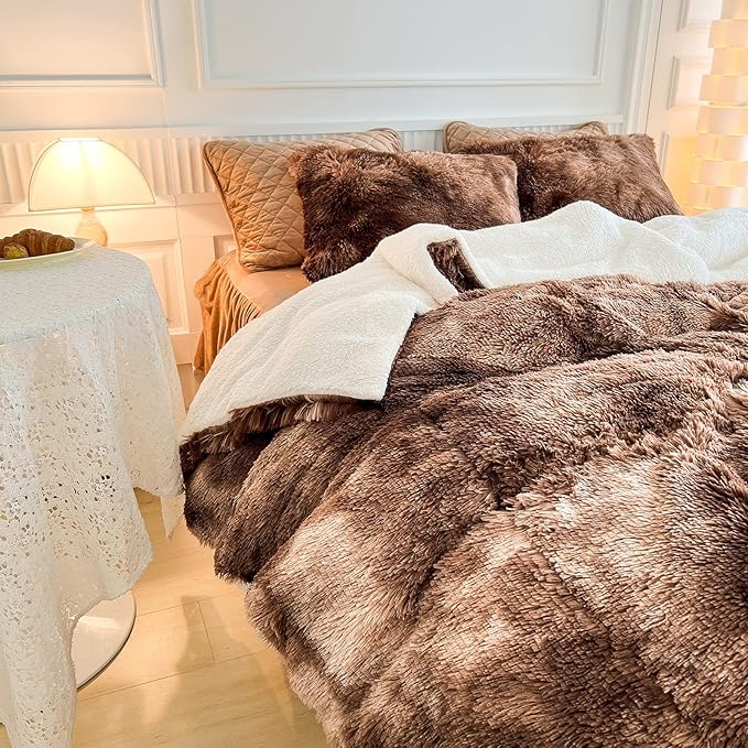 Luxury Faux Fur Shaggy Comforter Set Full/Queen Size, Plush & Sherpa Reversible Comforter Tie Dye Coffee, 3 Pieces Fluffy Fuzzy Bedding Set Ultra Soft and Warm for Winter (1 Comforter + 2 Pillowcases)