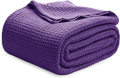 Bedsure Gentlesoft 100% Cotton Blanket Queen Size for Bed - Breathable and Soft for Spring Summer, Thick Cozy Waffle Weave Blanket Gifts for Women, Purple, 90x90 Inches