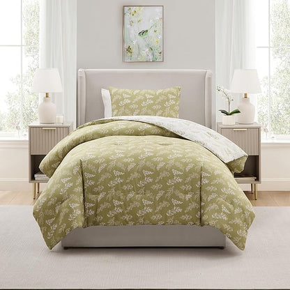 Nestl Twin/Twin XL Comforter Set - Olive Green Bed in a Bag Twin, 2 Pieces Reversible Bed Set, Soft Floral Bedding Set for College Dorm, All Season Botanical Comforters with Pillow Sham
