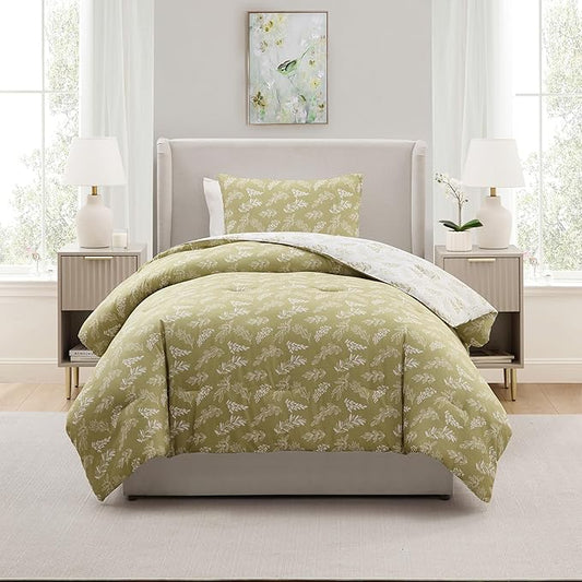 Nestl Twin/Twin XL Comforter Set - Olive Green Bed in a Bag Twin, 2 Pieces Reversible Bed Set, Soft Floral Bedding Set for College Dorm, All Season Botanical Comforters with Pillow Sham
