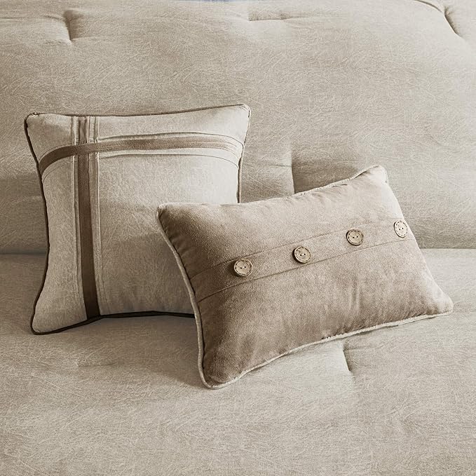 Madison Park Boone Cozy Comforter Set, Faux Suede, Deluxe Hotel Styling All Season Down Alternative Bedding Matching Shams, Decorative Pillow, California King (104 in x 92in), Rustic Tan 7 Piece