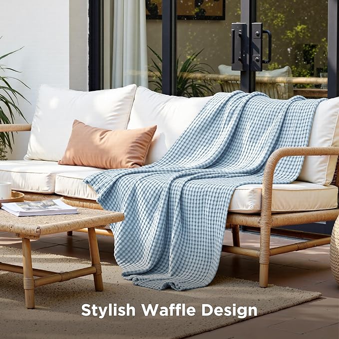 Bedsure Cooling Cotton Waffle Twin XL Blanket - Lightweight Breathable Blanket of Rayon Derived from Bamboo for Hot Sleepers, Luxury Throws for Bed, Couch and Sofa, Light Blue, 66x90 Inches