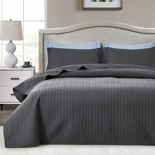 Maple&Stone Charcoal Grey Quilt Set Queen Size, Lightweight Bedspread Ultrasonic Chevron Pattern Light Coverlet for All Season Comforter Bedding Decor - 3 Piece Full Bed Cover Sets