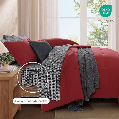Monbix King Size Comforter Set - 7 Pieces Bright Red Prewashed Bed in a Bag King Bedding Sets with Comforters, All Seasons Ultra Soft Comforter Bed Set with Sheets, Pillowcases & Shams