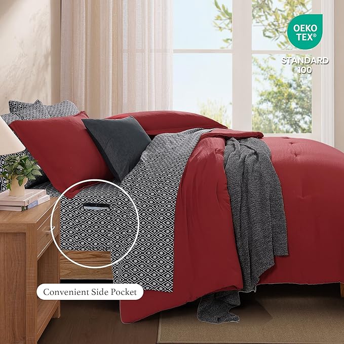Monbix Queen Comforter Set - 7 Pieces Bright Red Prewashed Bed in a Bag Queen Bedding Sets with Comforters, All Seasons Ultra Soft Comforter Bed Set with Sheets, Pillowcases & Shams