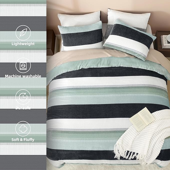 Litanika Fluffy Fleece Full Size Comforter Set, Luxury Soft Plush Fuzzy Sage Green Stripe Bedding Comforter Sets, Warm Shaggy Faux Fur Bed Set All Season (1 Comforter, 2 Pillowcases)