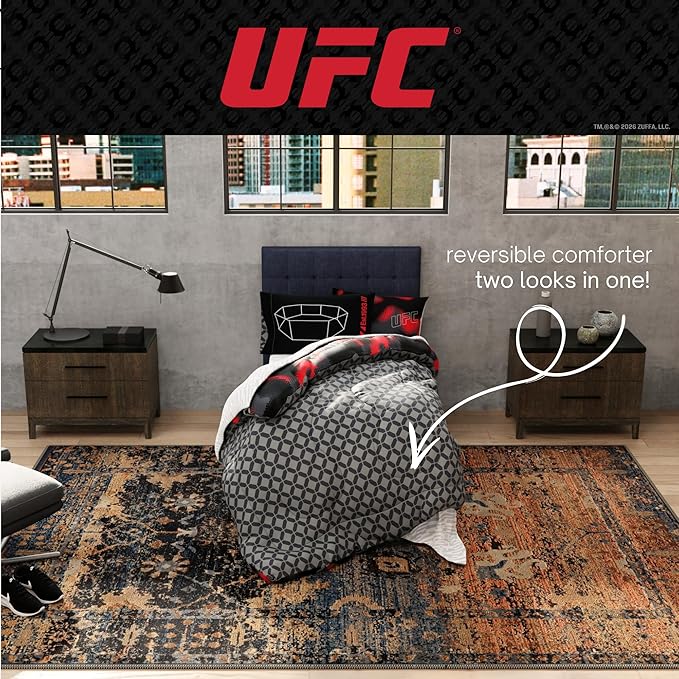 UFC Fight Night Bedding Set, Queen Size 7 Piece Set Super Soft Cozy Reversible Comforter and Sheet Set with Sham, (100% Officially Licensed Product) by Franco