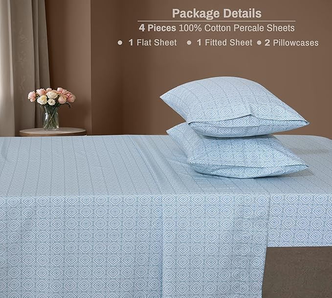 ZOYER 100% Cotton Sheets – California King Percale Bedding, Cooling & Breathable, Durable with a Crisp, Soft & Comfortable Feel, 14" Deep Pocket, 4-Piece Set, Teal Geo