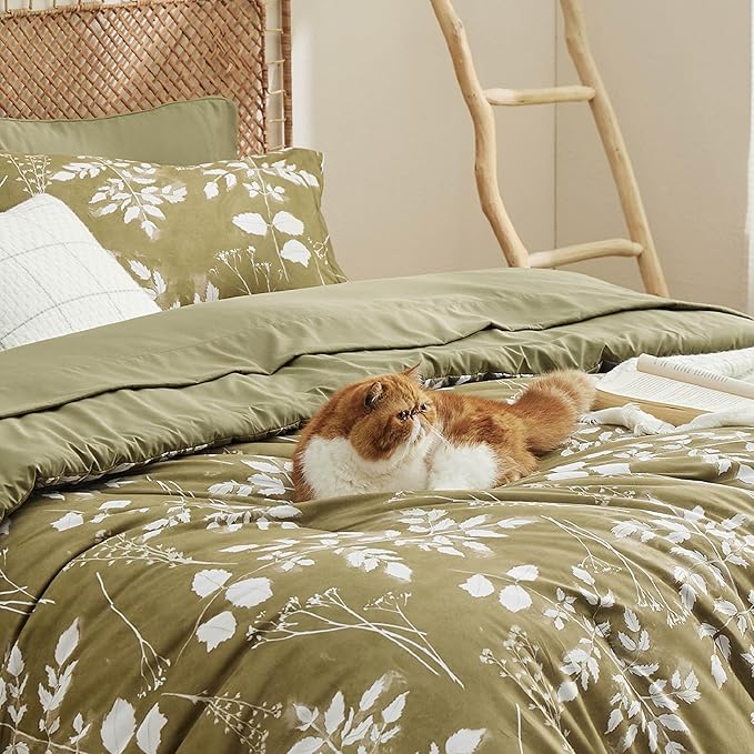 Bedsure Full Size Comforter Set - 7 Pieces Floral Olive Green Soft Bedding Sets, Full Bed in a Bag with Botanical Flowers Comforter, Sheets, Pillowcases & Shams