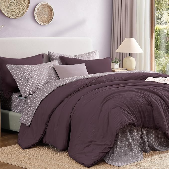 Monbix Queen Comforter Set - 7 Pieces ltalian Plum Prewashed Bed in a Bag Queen Bedding Sets with Comforters, All Seasons Ultra Soft Comforter Bed Set with Sheets,Pillowcases & Shams