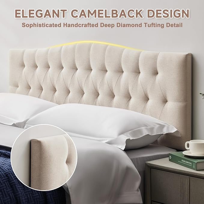 Tufted Upholstered Full Size Headboard Only, Adjustable 38-50 in, Beige | Full Headboard for Full Size Bed, Durable Linen Fabric Headboards, Modern Diamon Design Wood Head Board
