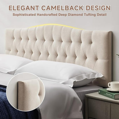 Tufted Upholstered Full Size Headboard Only, Adjustable 38-50 in, Beige | Full Headboard for Full Size Bed, Durable Linen Fabric Headboards, Modern Diamon Design Wood Head Board