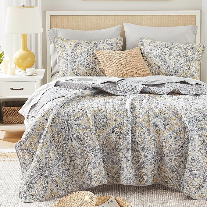 Comfort Spaces Boho Quilt Set Queen Reversible Vermicelli Quilting Queen Size Bed, All Season, Lightweight, Coverlet Winter Layer Bedding, Shams, Gloria, Full/Queen Grey/Yellow 3 Piece