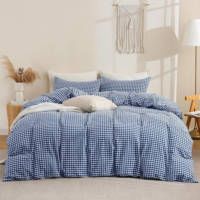 TOCOMOA Navy Blue Gingham Duvet Cover Bedding Set 100% Washed Cotton Like Linen Feel Super Soft Comfy 3 Piece Dark Blue Plaid Checkered Comforter Cover Set (Queen 90"x90", Comforter Not Included)
