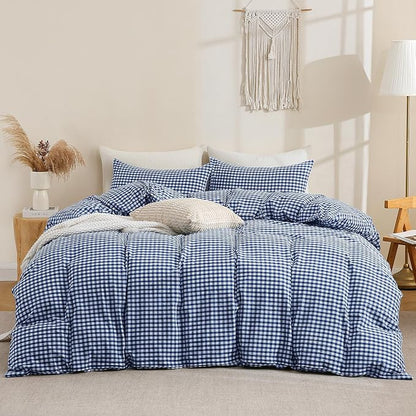 TOCOMOA Navy Blue Gingham Duvet Cover Bedding Set 100% Washed Cotton Like Linen Feel Super Soft Comfy 3 Piece Dark Blue Plaid Checkered Comforter Cover Set (Queen 90"x90", Comforter Not Included)