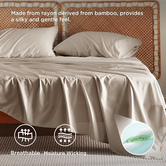 Bedsure California King Sheet Sets, Cooling Sheets, Rayon Derived from Bamboo, Deep Pocket Up to 16", PureWoven, Breathable & Soft, Hotel Luxury Silky Bedding for Hot Sleepers, Simply Taupe