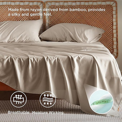 Bedsure Queen Sheet Set, Rayon Derived from Bamboo, Cooling Sheets, PureWoven, Breathable & Soft, Deep Pocket Up to 16 Inches, Hotel Luxury Silky Bedding for Hot Sleepers, Simply Taupe