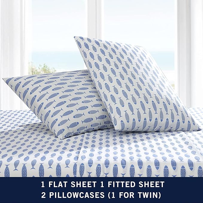 Nautica - Queen Sheets, Cotton Percale Bedding Set, Crisp & Cool, Coastal Home Decor (Woodblock Fish Blue, Queen)