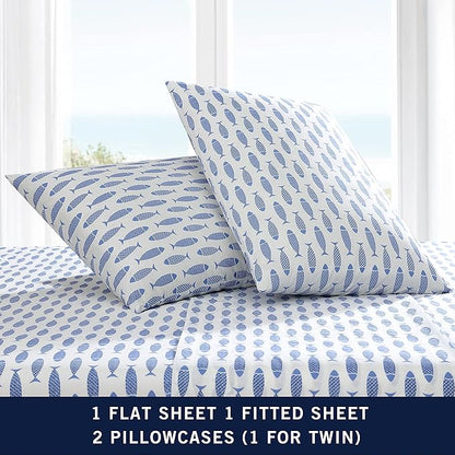 Nautica - Queen Sheets, Cotton Percale Bedding Set, Crisp & Cool, Coastal Home Decor (Woodblock Fish Blue, Queen)