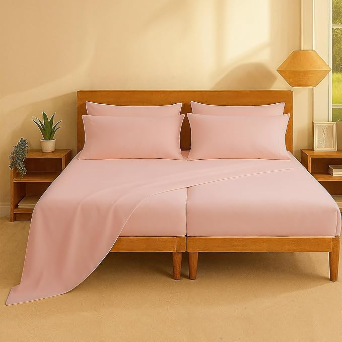 Casa Platino 100% Cotton Split King Size Sheets Set – 7 Piece Crisp Percale Split King Size Cooling Sheets, Lightweight for Summer, with 15" Deep Pocket Fitted Sheet, Comfortable Sleep – Veiled Rose