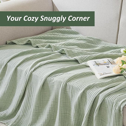 EMME Cotton Muslin Large Throw Blanket Couch Breathable Gauze Soft Lightweight Bed Blankets Adults (Heather Sage Green, 50"x70")