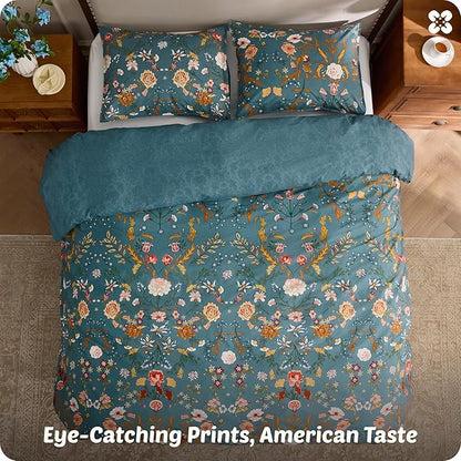 Bedsure Floral Duvet Cover Queen Size - 100% Cotton Reversible Botanical Shabby Chic Duvet Cover Set, 3 Pieces Soft & Breathable PureWoven Bedding Set with 2 Pillow Shams (Vintage Teal Floral 90"x90")