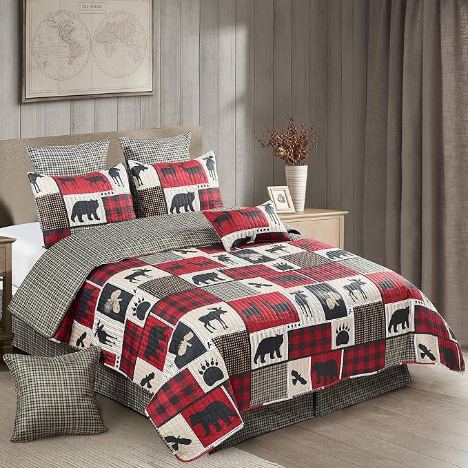 Virah Bella 3 Piece King Cabin Quilt Bedding Set - Lodge Life - Rustic Country Reversible Patchwork Comforter Set with Decorative Pillow Shams