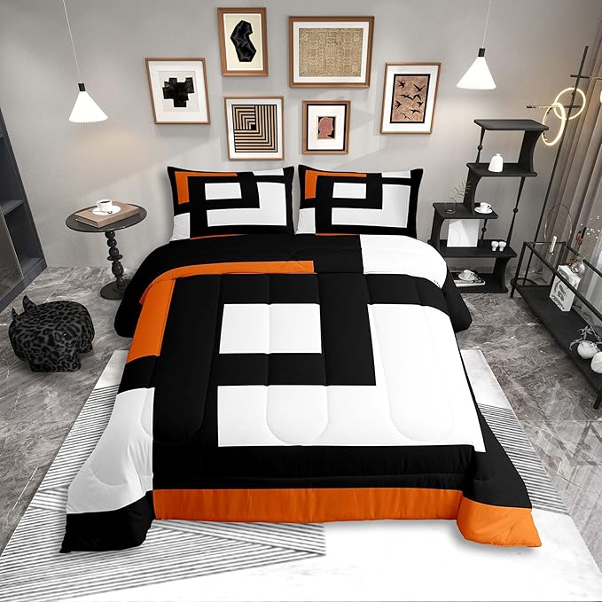 Erosebridal Blue Black and White Striped Bedding Set Full Size Square Abstract Comforter Set for Adult Women Men Modern Geometric Stripes Bold Lines Bed Sets Minimalist Plaids Quilt Sets