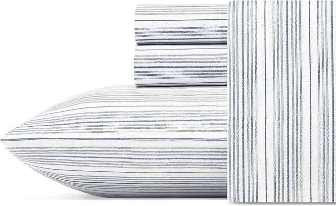 Nautica - Twin Size Sheet Set, Crisp & Tailored Cooling Sheets with a Smooth Cotton Percale Lightweight Feel - Bed Sheets with Matching Pillowcase & Fitted Sheet (Beaux Stripe Navy)