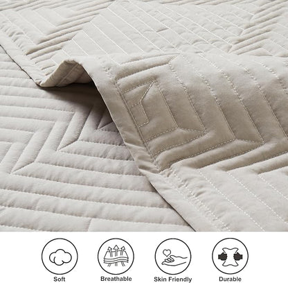 Oli Anderson Queen Quilt Set, Khaki Lightweight Soft Bedspread Coverlet, Basket Weave Pattern Bedding, 3PCS Modern Geometric Stitching Textured Comforter Sets (1 Quilt and 2 Pillow Shams)