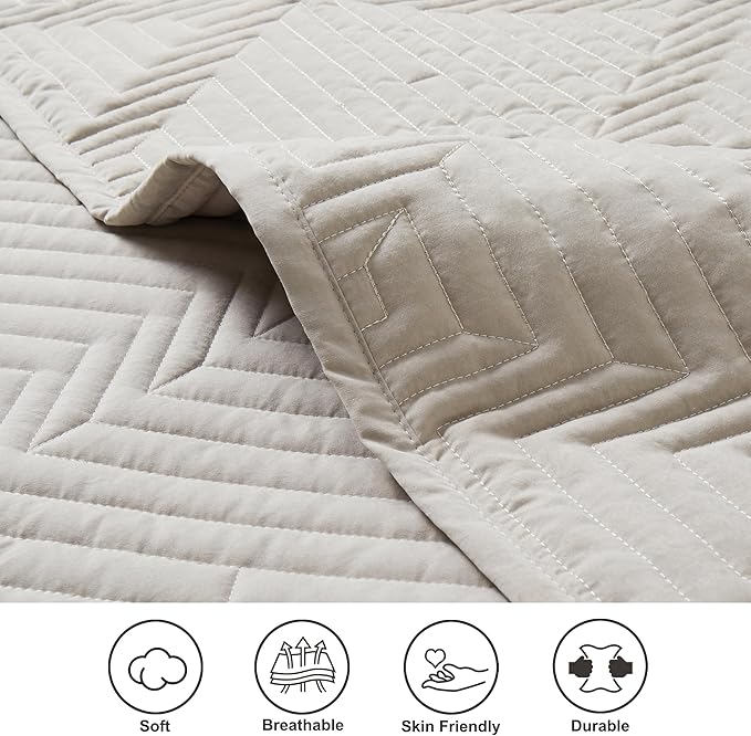 Oli Anderson King Quilt Set, Khaki Lightweight Soft Bedspread Coverlet, Basket Weave Pattern Bedding, 3PCS Modern Geometric Stitching Textured Comforter Sets (1 Quilt and 2 Pillow Shams)