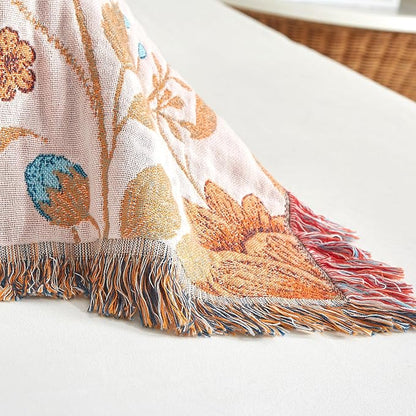 Boho Throw Blanket for Bed 80”x90”, 100% Cotton Woven Blanket for Couch Sofa, Ultra Soft 4-Layer Muslin Quilt with Floral Printed, Farmhouse Bed Blanket/Cover for Living Room Decor