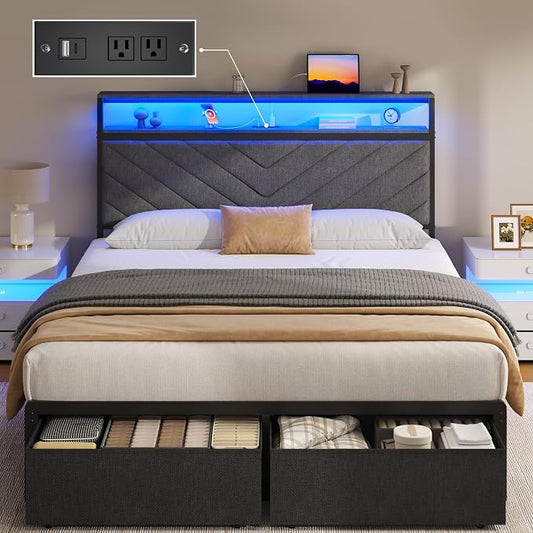 Fluest Full Bed Frame with 2 Drawers, Upholstered Headboard with Storage and Charging Station, LED Lights, Fabric Drawers with Wheels, Under Bed Storage, No Box Spring Needed, Easy Assembly, Grey