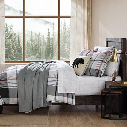 Eddie Bauer- Queen Comforter Set, Reversible Microsuede Bedding with Matching Sham(s), Casual Home Decor (Normandy Plaid Black, Queen)