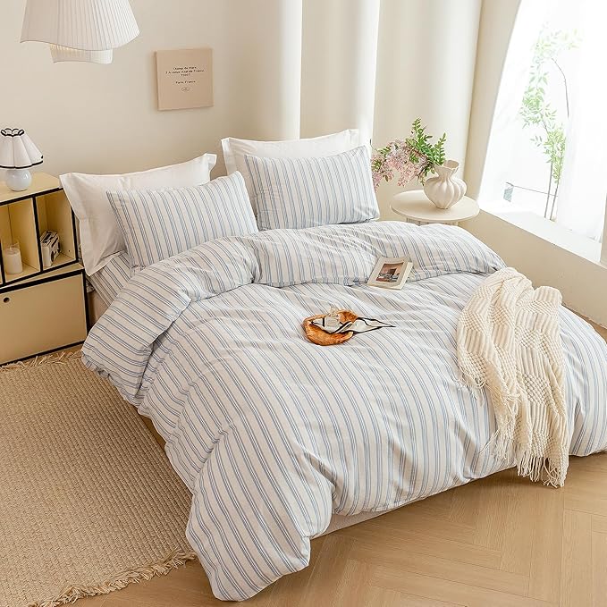 ECOCOTT Striped Duvet Cover Queen Size -100% Washed Cotton Linen Like Textured Breathable Durable Soft Comfy Bedding Set with Zipper Closure & Corner Ties