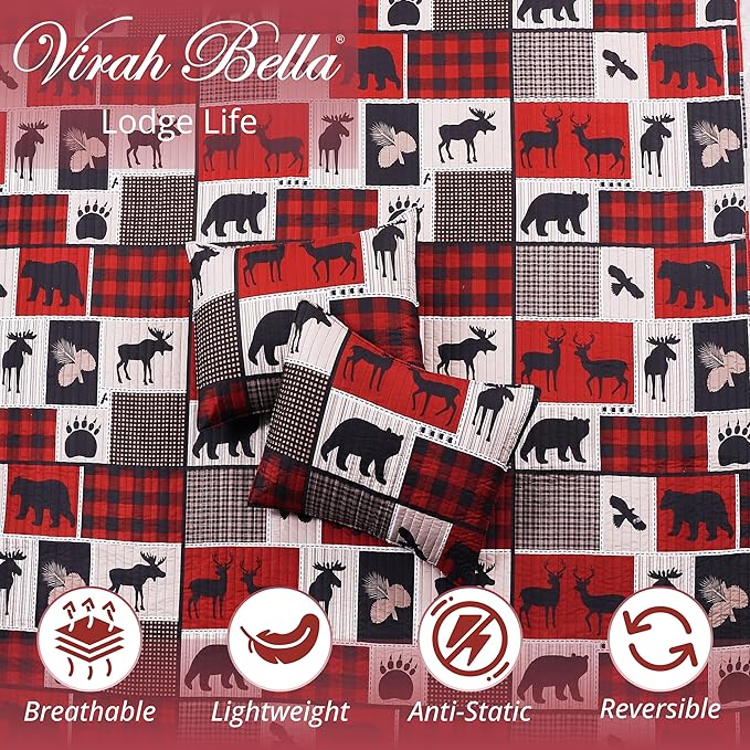 Virah Bella 3 Piece King Cabin Quilt Bedding Set - Lodge Life - Rustic Country Reversible Patchwork Comforter Set with Decorative Pillow Shams