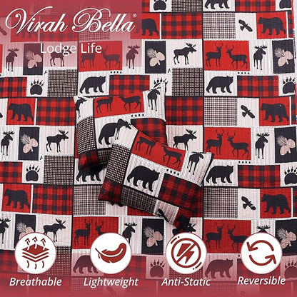 Virah Bella 3 Piece Full/Queen Cabin Quilt Bedding Set - Lodge Life - Rustic Country Reversible Patchwork Comforter Set with Decorative Pillow Shams