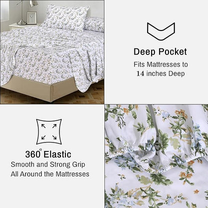 RUVANTI 100% Cotton Sheets – California King Percale Bedding, Cooling & Breathable Floral Design, Durable with a Crisp, Soft & Comfortable Feel, 14" Deep Pocket, 4-Piece Set, Heritage