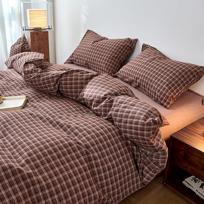 EAVD Vintage Style Burgundy Gingham Duvet Cover Twin 100% Washed Cotton Like Linen Feel Soft Checkered Grid Plaid Bedding Set with 2 Pillowcases Farmhouse Grid Geometric Duvet Cover with Zipper